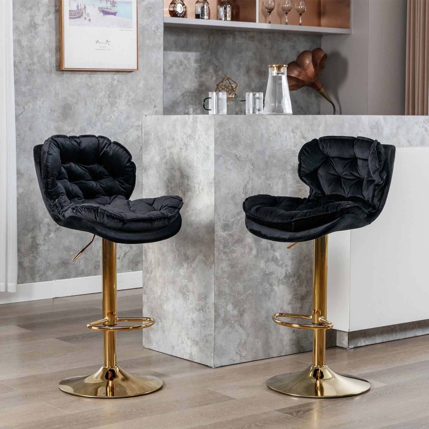 Set of 2 Swivel Velvet  Bar Stools Black by Blak Hom