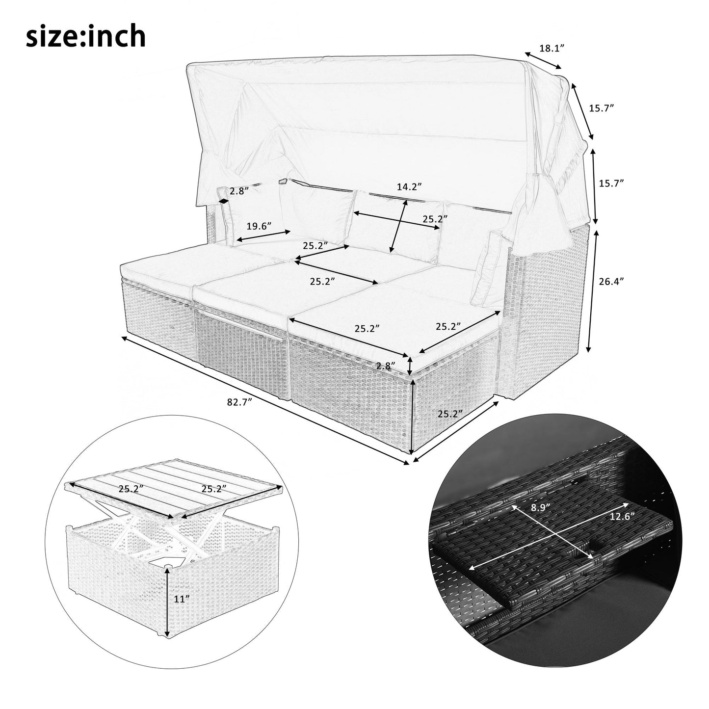 Outdoor Patio Rectangle Daybed with Retractable Canopy by Blak Hom