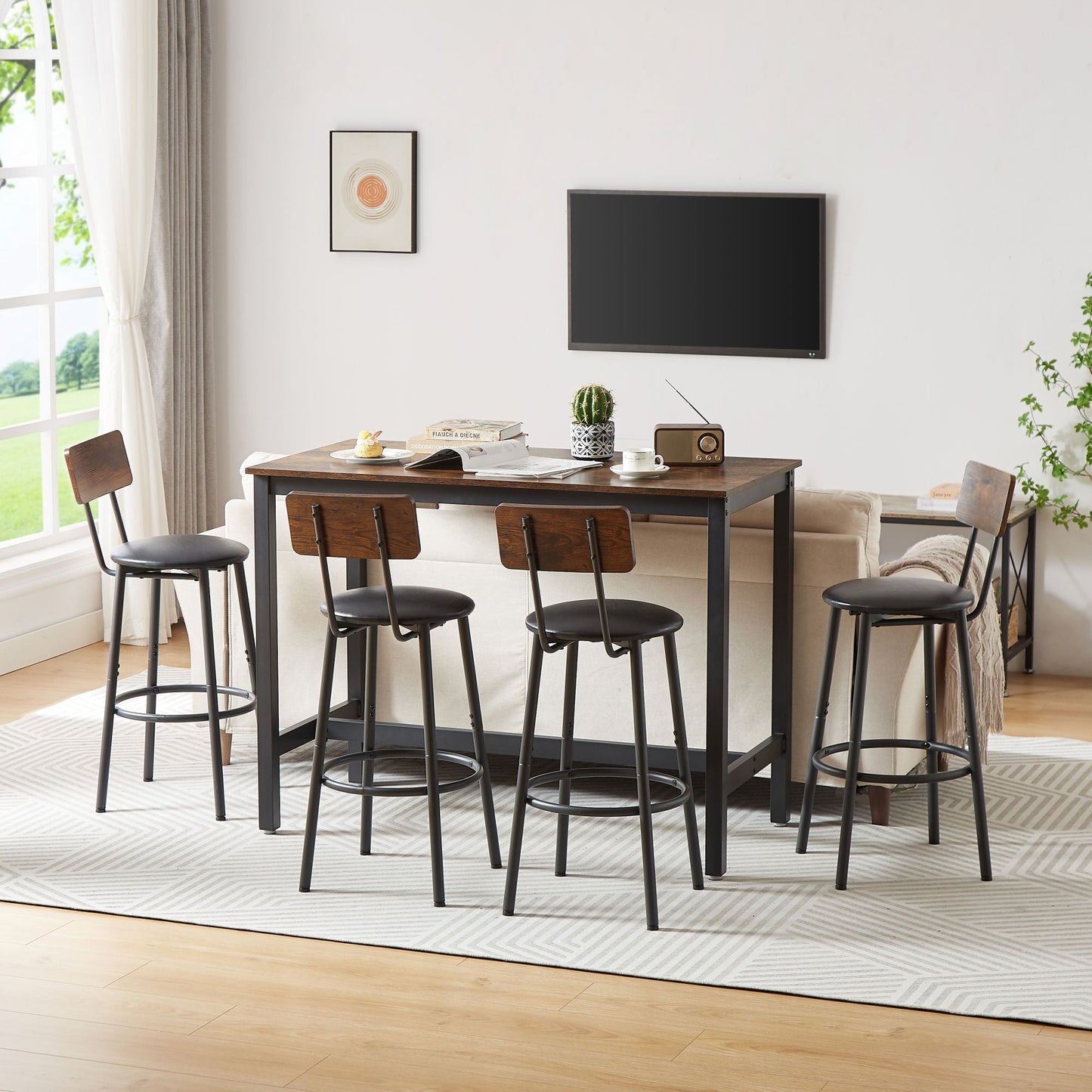 Bar Table Set with 4 Bar stools PU Soft seat with backrest, Rustic Brown by Blak Hom