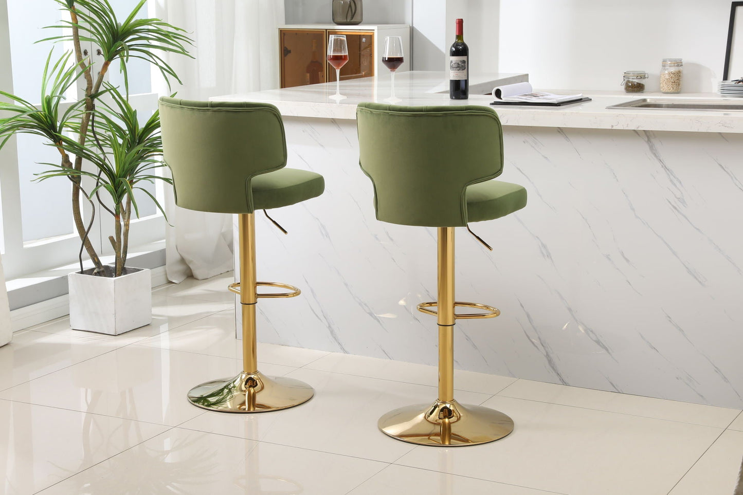 Set of 2 Modern  Bar Height, Swivel Velvet Bar Stool by Blak Hom