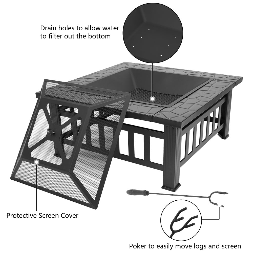 32 Inch Heavy Duty 3 in 1 Metal Square Patio Firepit Table by Blak Hom