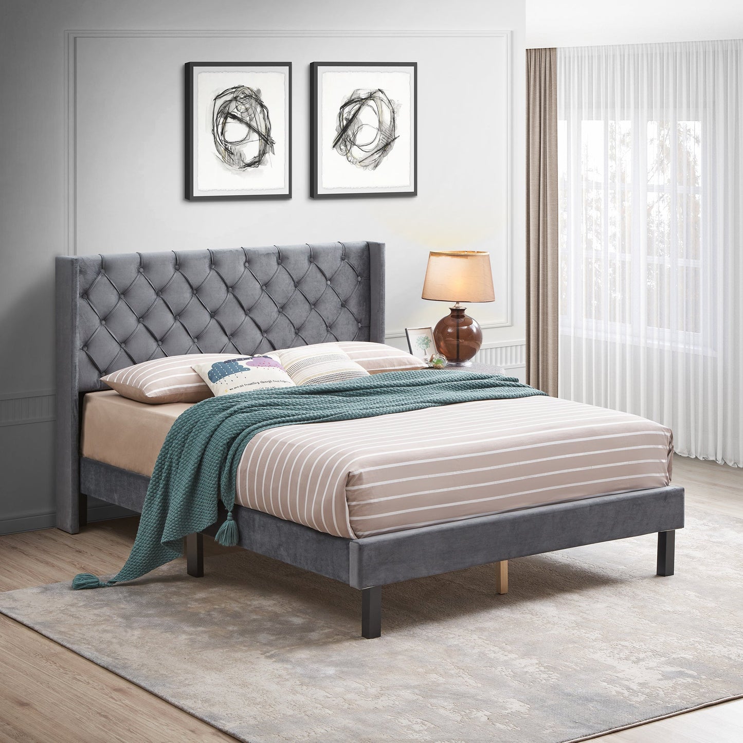 Upholstered Queen Bed with Wings Design by Blak Hom