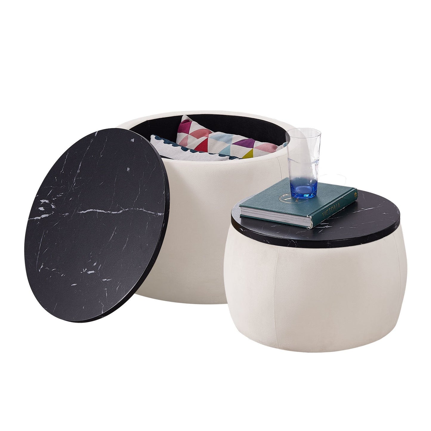 Set of 2 Nesting Round Storage Ottoman, Coffee TableS Footstool with MDF Cover by Blak Hom