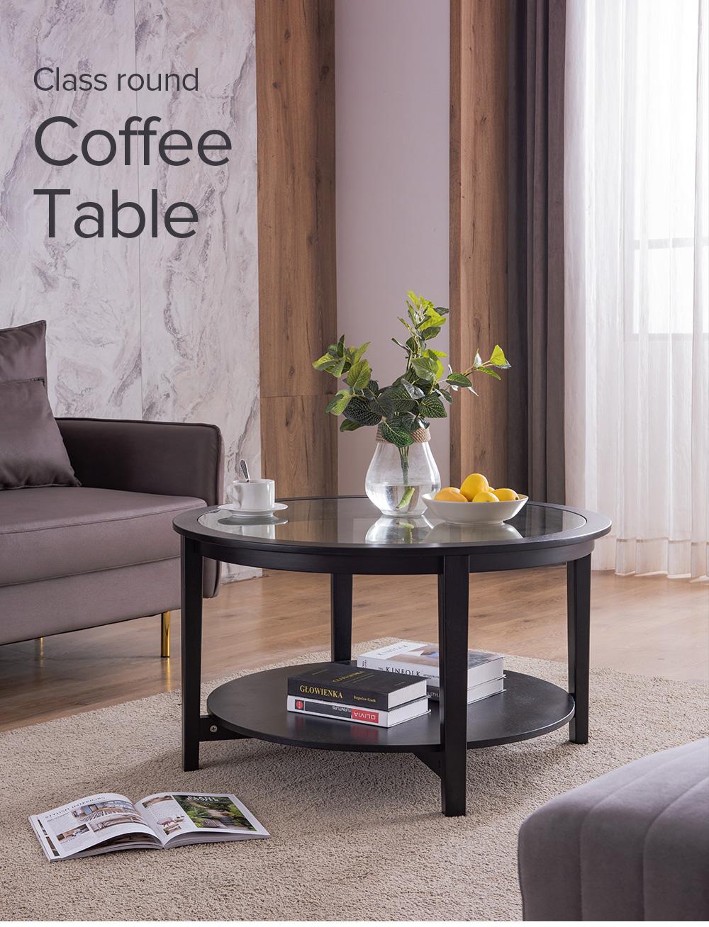 Modern Solid Wood Round Coffee Table With Tempered Glass Top by Blak Hom