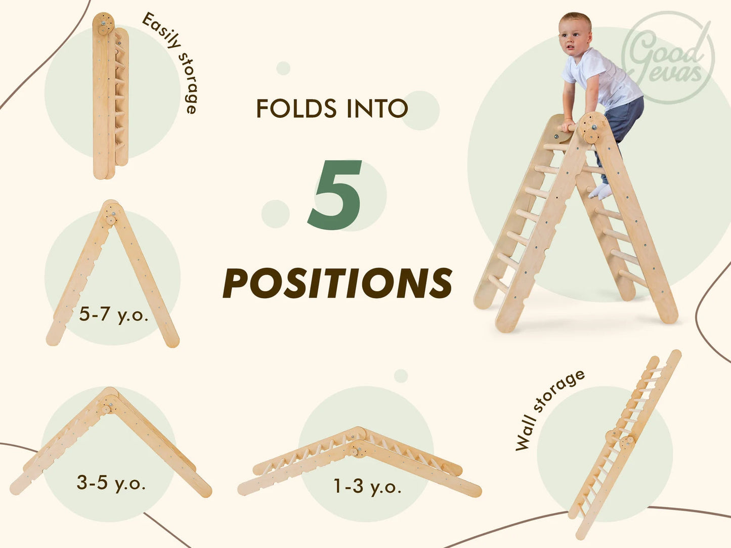 3in1 Montessori Climbing Set: Triangle Ladder + Wooden Arch + Slide Board – Beige NEW by Goodevas