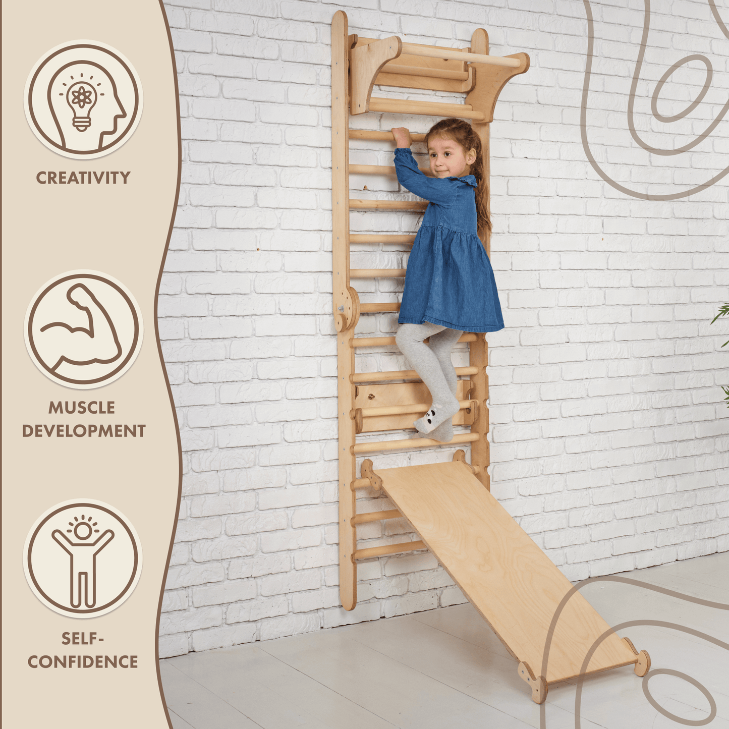 4in1 Climbing Set: Wooden Swedish Wall + Swing Set + Slide Board + Triangle Ladder by Goodevas